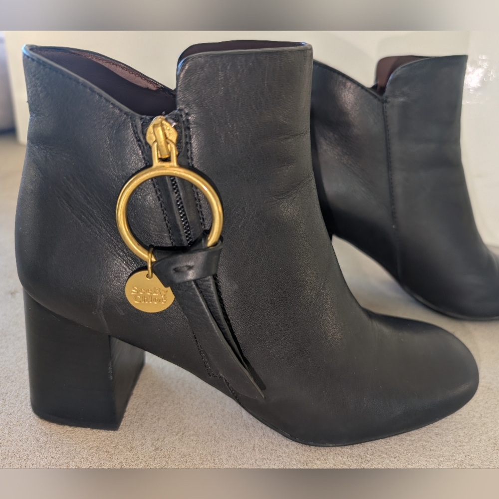 See By Chloe Louis Leather Mid-High Heal Ankle Boots Black EUR 38.5